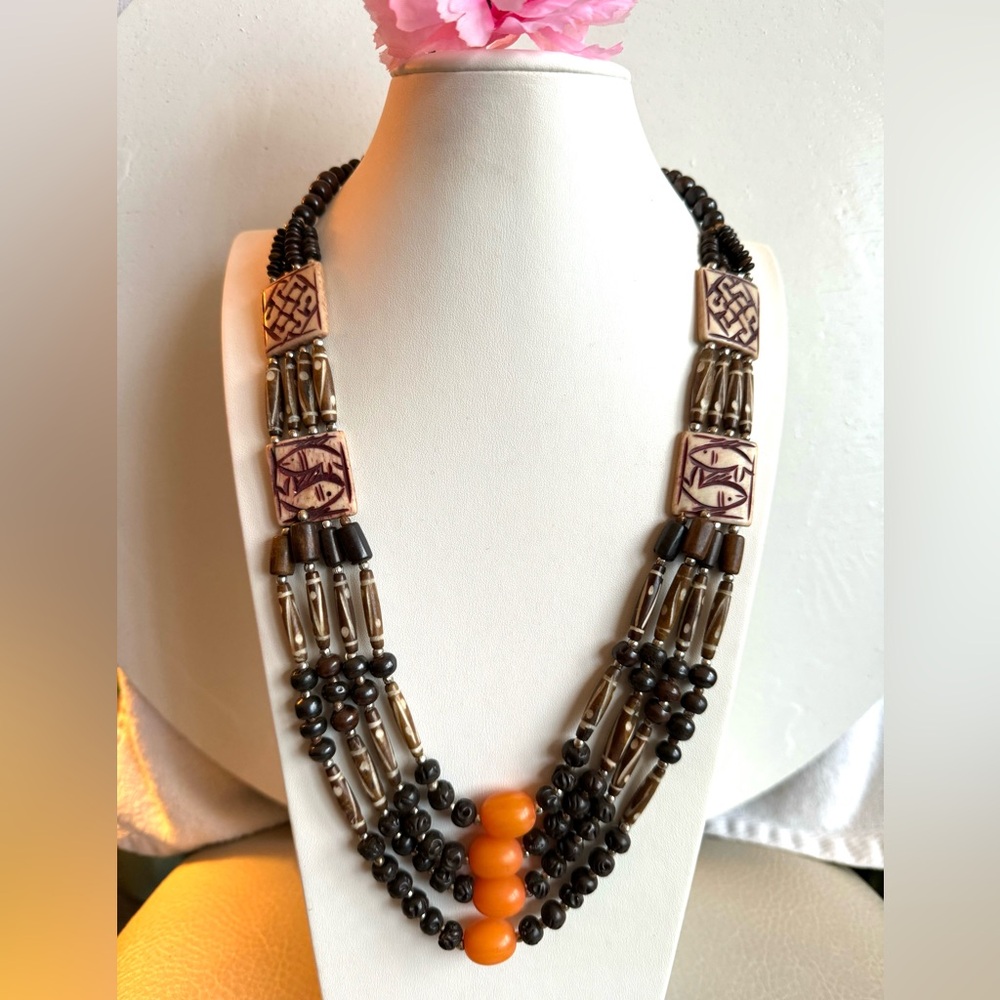 Vintage tribal theme 3 strand yak bone necklace handmade from Nepal 27”inch